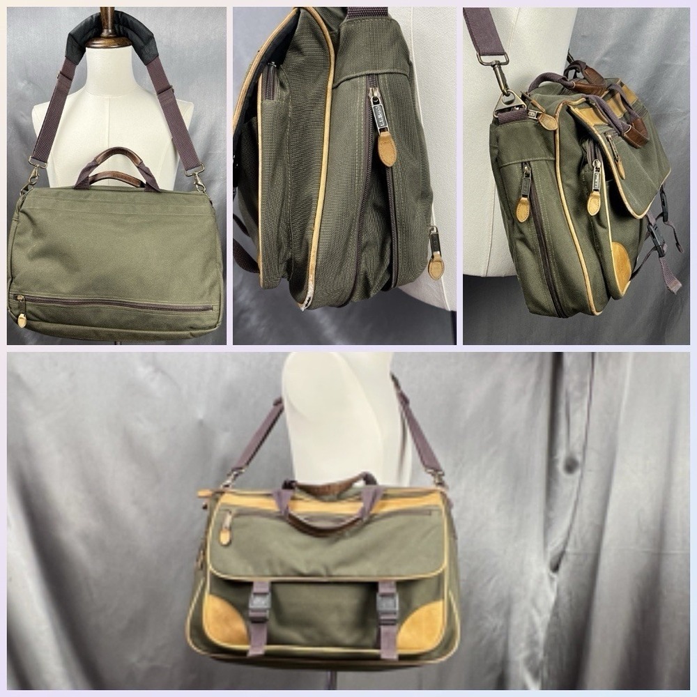 LL Bean Messenger Bag Briefcase Nylon Canvas Leather Trim Strap Green VTG 90s
